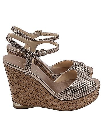 Jimmy Choo Jimmy Choo Patterned Peep-Toe Wedge Sandals in Metallic Gold Leather (view 1)