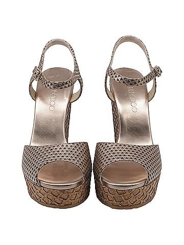 Jimmy Choo Jimmy Choo Patterned Peep-Toe Wedge Sandals in Metallic Gold Leather (view 2)