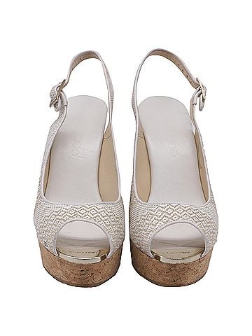 Jimmy Choo  Jimmy Choo Slingback Peep Toe Wedges Sandals in White Raffia (view 2)