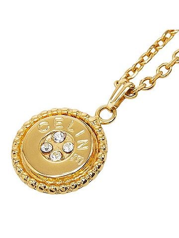 Céline Celine Logo Chain Pendant Necklace, Round Gold Rhinestone, Plated (GP), Women's. (view 1)