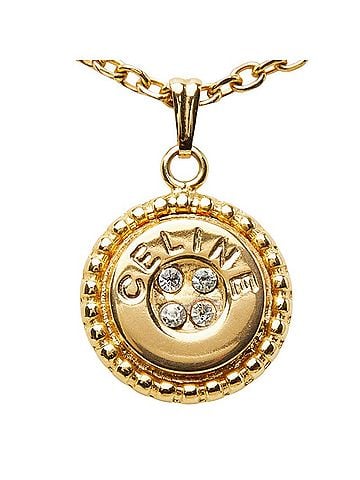 Céline Celine Logo Chain Pendant Necklace, Round Gold Rhinestone, Plated (GP), Women's. (view 2)