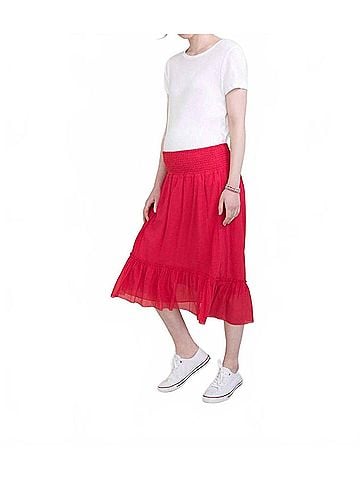 Hatch The Jelena Crinkled Midi Skirt in Punch Red Silk Blend (view 2)