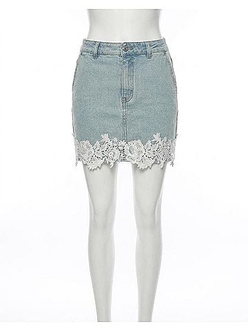 Generation Love Melody Lace Combo Denim Skirt in Blue (view 1)
