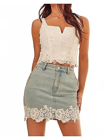 Generation Love Melody Lace Combo Denim Skirt in Blue (view 2)