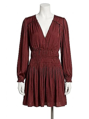 Elan V-Neck Long Sleeve Smocked Waist Dress in Plum (view 1)