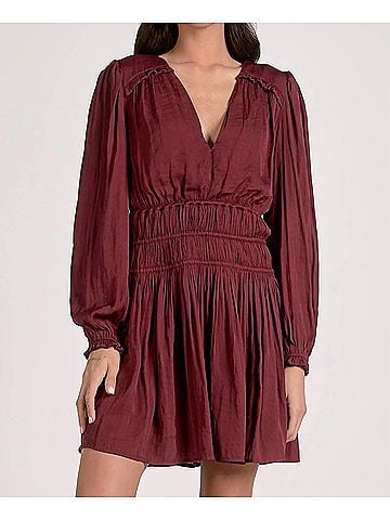 Elan V-Neck Long Sleeve Smocked Waist Dress in Plum (view 2)