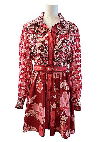 Dalia Macphee Red Floral Polka Dot Belt Cocktail Dress (view 1)