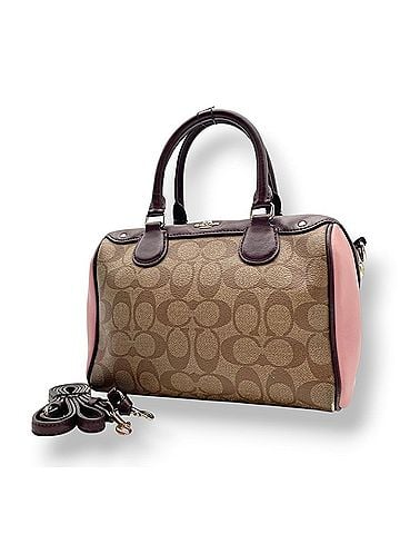 Coach Coach Mini Boston Bag Signature Beige Bordeaux Leather Shoulder Handbag for Women S86 (view 1)