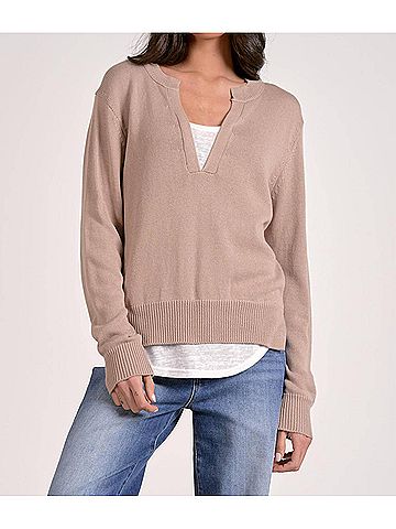 Elan Angela V Neck Sweater Tee Combo in Taupe/White (view 2)