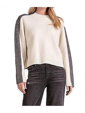 Elan Color Block Stripe Sleeve Detail Sweater in White/Grey (view 2)
