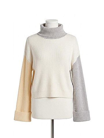 Elan Colorblock Mock Neck Sweater in White Grey Beige (view 1)