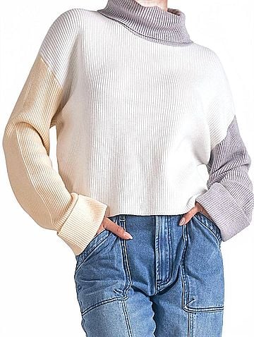 Elan Colorblock Mock Neck Sweater in White Grey Beige (view 2)