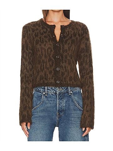 Astr Fuzzy Crewneck Cardigan in Cheetah (view 2)