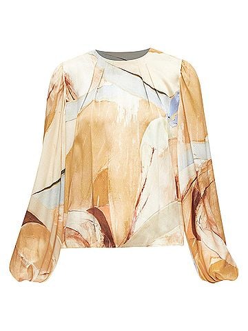 Aje. AJE 2018 100% silk beige blue abstract brush print puff sleeve top UK6 XS (view 1)