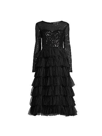 IEENA for Mac Duggal Black Long Sleeve Ruffle Tiered Midi Dress Cocktail Dress (view 1)