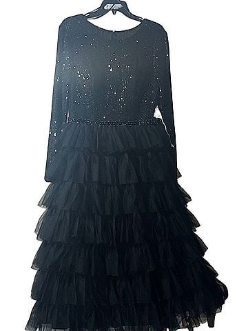 IEENA for Mac Duggal Black Long Sleeve Ruffle Tiered Midi Dress Cocktail Dress (view 2)
