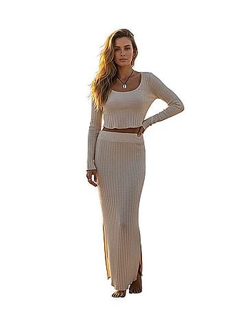FP BEACH 2023 NWOT Knit Co-Ord Top &amp; Maxi Skirt Set | Coastal Cowgirl 90s Minimalist Boho Soft Girl Resort Casual Dress (view 1)