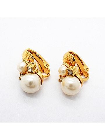 Christian Dior Christian Dior Earrings, GP Plated, Faux Pearl, Rhinestone, Gold, Women's (view 2)