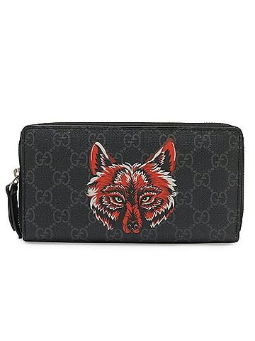 Gucci GUCCI GG Supreme Zip-Around Wallet, Wolf Design, Long Dark Gray, Black, Red, 451273 (view 1)