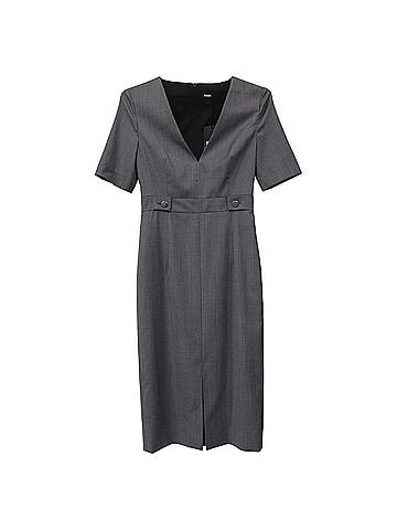 HUGO BOSS Boss Danorla Pinstripe V-Neck Midi Dress in Grey Wool (view 1)