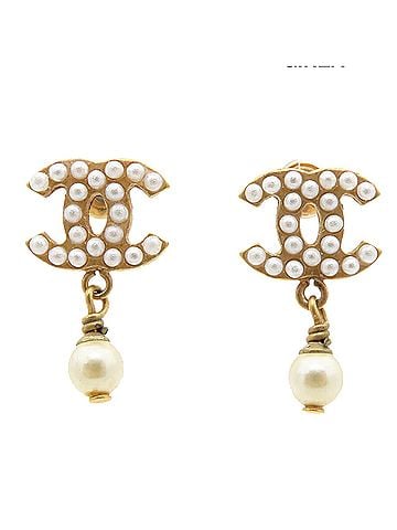 Chanel CC Gold Plated Faux Pearl Swing Push Back Earrings (view 1)