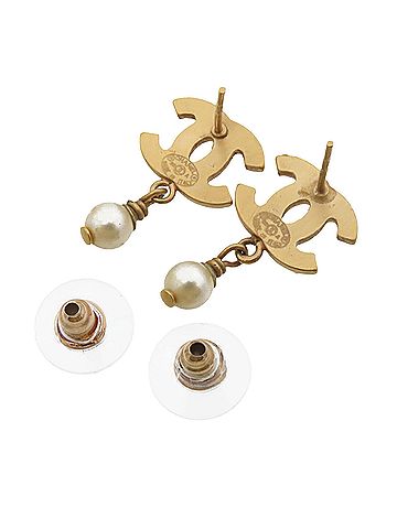 Chanel CC Gold Plated Faux Pearl Swing Push Back Earrings (view 2)