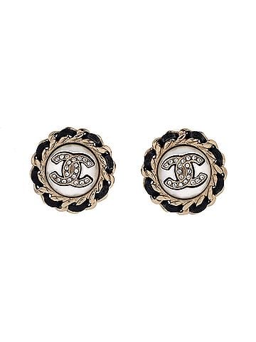 Chanel Chain Around CC Stud Earrings Metal with Leather and Crystals (view 1)