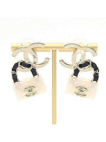 Chanel Chanel Earrings ABA008 White Black Matte Gold Resin Leather Metal B23C 2023 Model Year Coco Mark Matelassé Women's CHANEL (view 1)