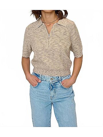 Central Park West Dylan Spacedye Polo Top in Oat (view 2)
