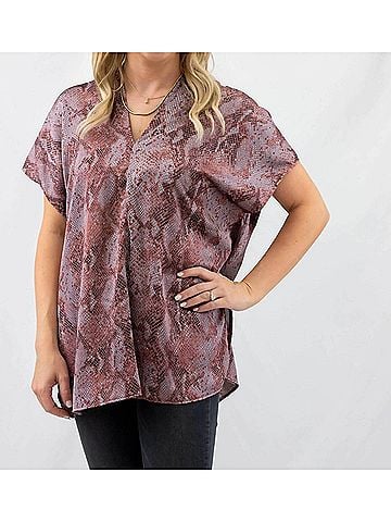 Adrienne V-Neck Snake Print Top in Purple/Burgundy (view 2)
