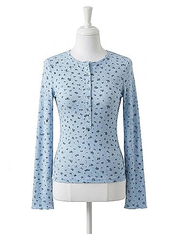 Blakely Ditsy Print Pointelle Knit Bell Sleeve Bodysuit in Light Blue (view 1)