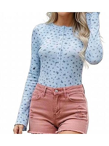 Blakely Ditsy Print Pointelle Knit Bell Sleeve Bodysuit in Light Blue (view 2)