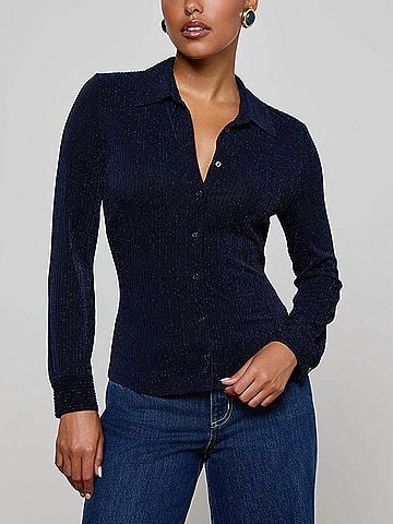 L'Agence Indiana Fitted Blouse in Midnight/ Metallic Pinstripe (view 2)