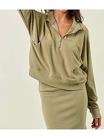 Doe & Rae Stripe Textured Half Zip Top in Light Olive (view 2)