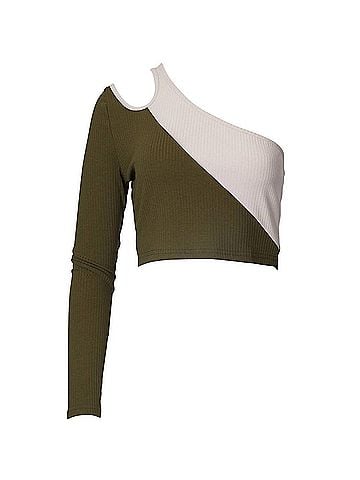 Endless Blu Colorblocked Ribbed-Knit One-Sleeve Top in Olive Ecru (view 1)