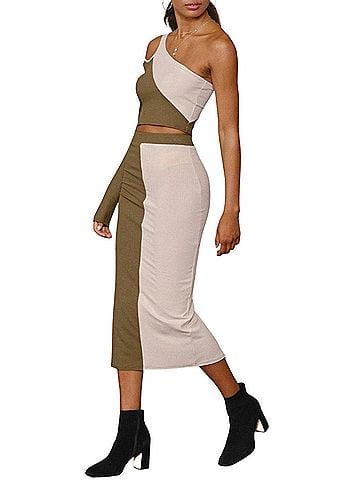 Endless Blu Colorblocked Ribbed-Knit One-Sleeve Top in Olive Ecru (view 2)