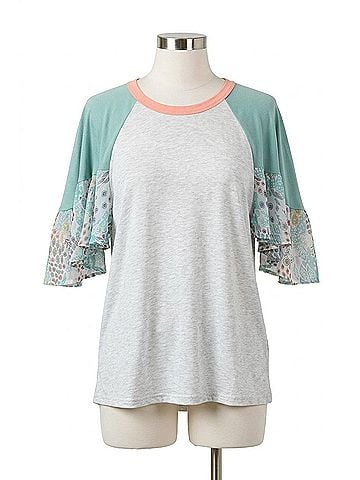 Adora Patchwork Flared Sleeve Top in Deep Sage (view 1)