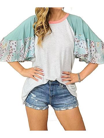 Adora Patchwork Flared Sleeve Top in Deep Sage (view 2)