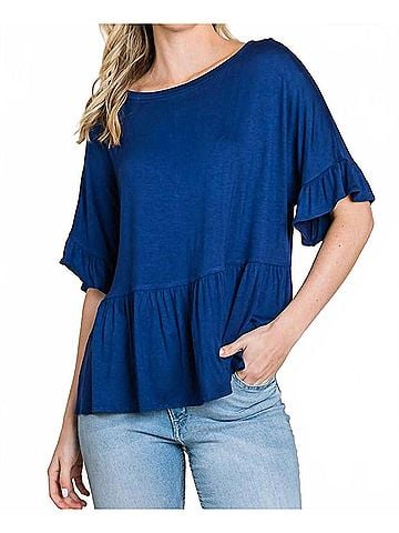 Culture Code Boat Neck Tiered Ruffle Sleeve Top in Ink Blue (view 2)