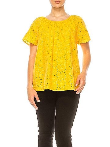 grand & greene Floral Eyelet Elastic Neckline Top in Yellow (view 2)