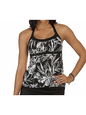 Caribbean Joe Peaceful Plumeria Framed Peasant Tankini Top in Joe Black And White (view 2)