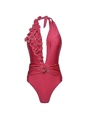 PatBO Sunstone Plunge One-Piece Swimsuit in Dark Pink (view 1)