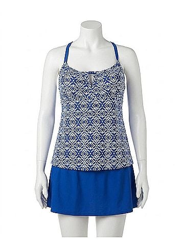 Always For Me Plus Size Aegean Tankini Top With Matching Swim Skirt in Blue And White (view 1)