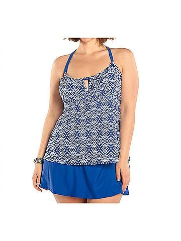 Always For Me Plus Size Aegean Tankini Top With Matching Swim Skirt in Blue And White (view 2)