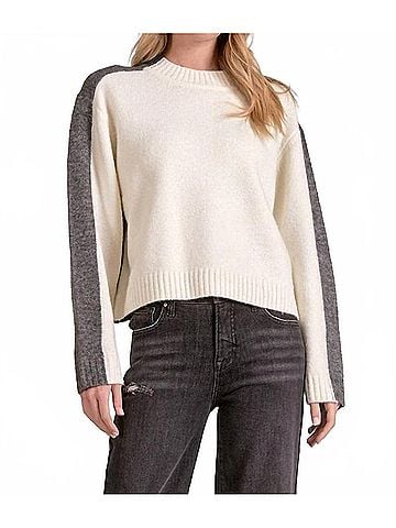 Elan Color Block Stripe Sleeve Detail Sweater in White/Grey (view 2)