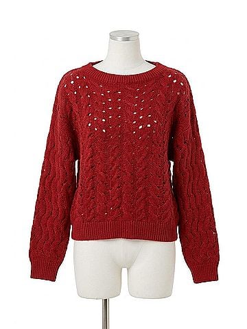 Elan Wide Neck Open Knit Crochet Sweater in Red (view 1)