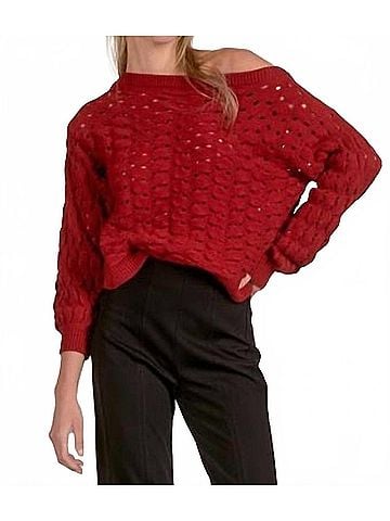Elan Wide Neck Open Knit Crochet Sweater in Red (view 2)