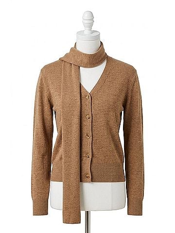 Astr Glynne V-Neck Scarf Cardigan Sweater in Beige (view 1)