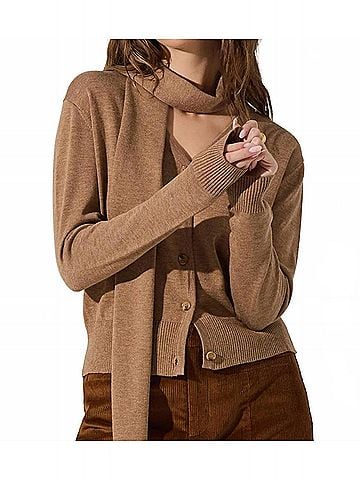 Astr Glynne V-Neck Scarf Cardigan Sweater in Beige (view 2)