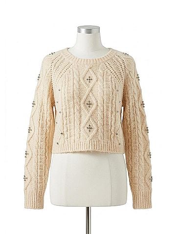 Astr Crystal Embellished Long Sleeve Sweater in Cream (view 1)